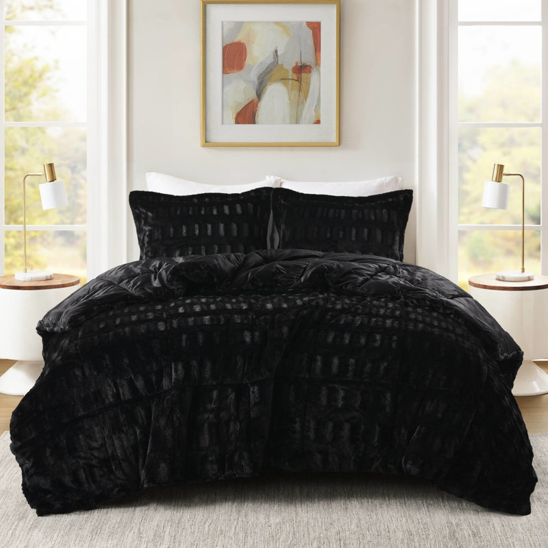 3 Pcs Full/Queen Solid Faux Fur Comforter Mini In Black, Stylish Brushed Fur, 2 Shams With - Inch Flange, Filling, End To Box Sewn For Uniform Fill Black , Construction