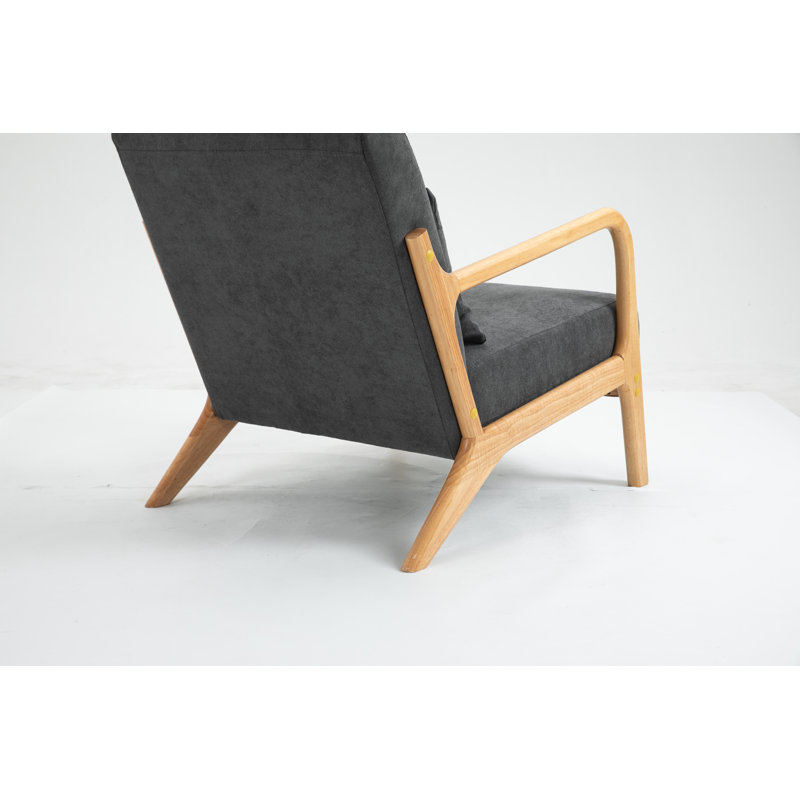Fauteuil d'appoint moderne du milieu du siècle avec structure en bois massif, revêtement en lin et coton, coussin lombaire - Gris antique