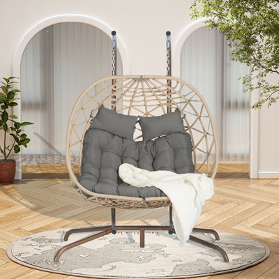 Double Egg Chair with Stand Hanging Indoor Outdoor Wicker Rattan Patio Basket Egg Swing Chair Hammock Egg Chairs with UV Resistant Cushions 600 lbs for Bedroom Balcony Patio