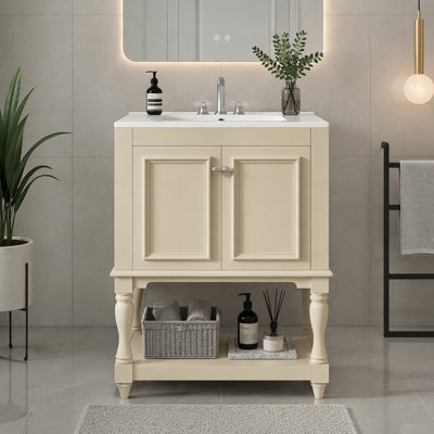 Meuble-lavabo de luxe moderne avec lavabo en céramique, armoire de salle de bain avec tablette ouverte et rangement fermé