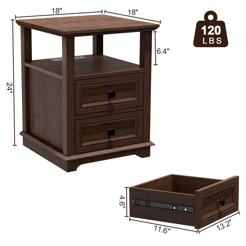 Azella Frame 2 End Table Set with Storage and Built-In Outlets, Cherry Top/Cherry Base