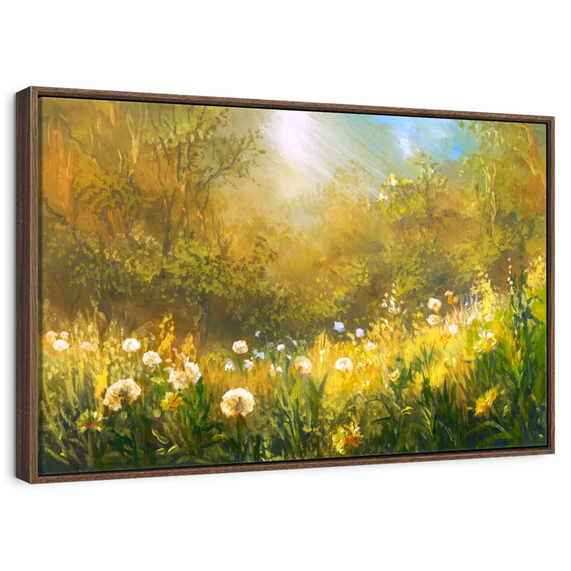 Champ de pissenlits, 43 po x 29 po, Cadre flottant noyer