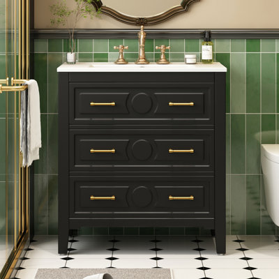 Meuble-lavabo de 30 po avec lavabo en céramique, 3 tiroirs, structure en bois massif, charnières réglables à fermeture douce, conception classique, solution de rangement polyvalente simple, espace généreux
