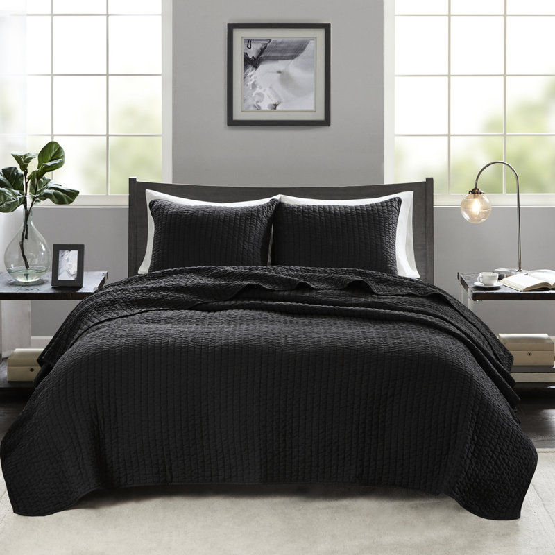 Courtepointe simple / simple TG en noir, microfibre avec coton à l'intérieur, réversible pour différentes saisons, 2 pièces et 1 taie décorative, literie noire en coton