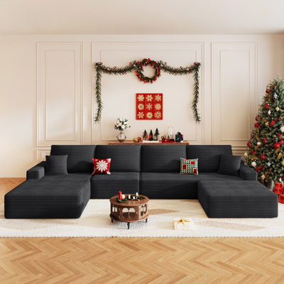 136" U Shaped Cloud Sectional Couch with Fluffy Corduroy, Deep Memory Foam Seats Sofa with 1 Ottoman for Living Room, No Assembly Required White