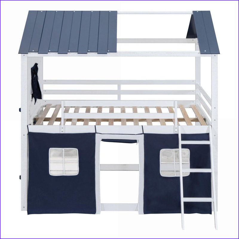 Lit double en bois de pin avec maisonnette Tente, bleu + blanc, aucun sommier nécessaire, Blanc / Bleu