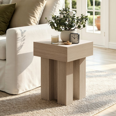 Table de bout carrée 15,7 po moderne en bois avec base à piédestal pour le salon, la chambre à coucher, gris chêne blanc