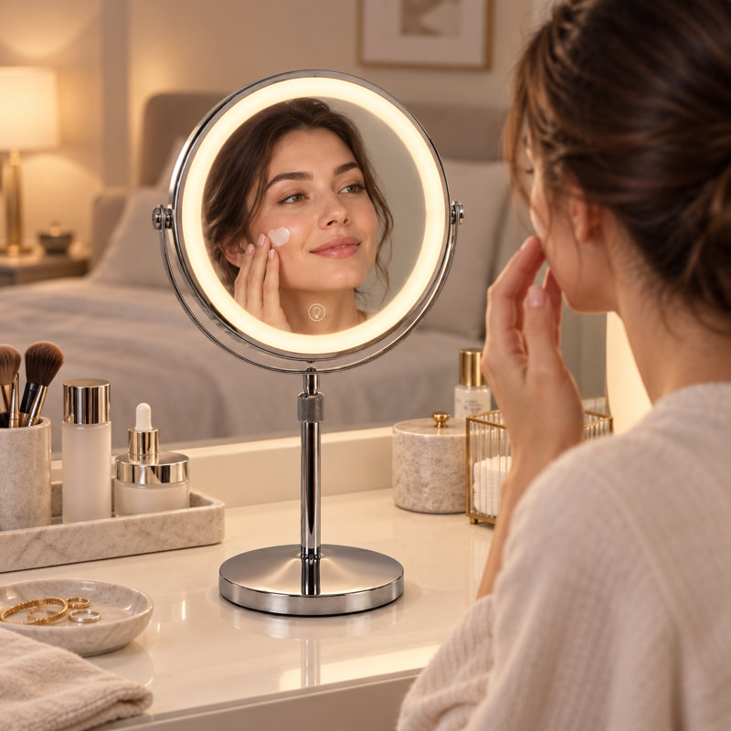 Miroir de maquillage rond en métal de 23 cm (9 pouces) avec double face DEL, grossissement 1X/10X, hauteur réglable, 3 modes de couleur et batterie rechargeable USB-C