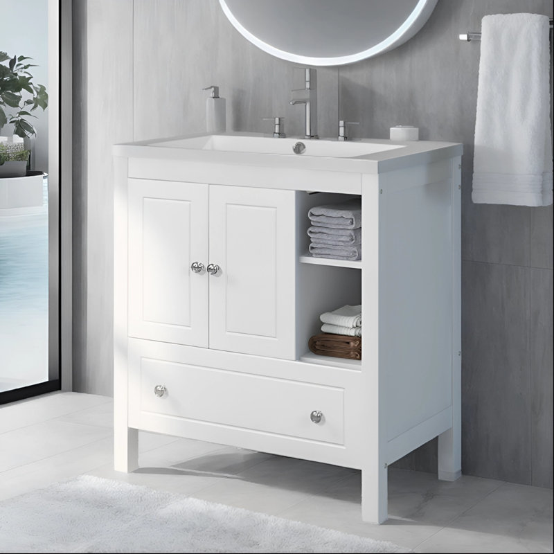 Meuble-lavabo avec lavabo en céramique Hauraa, Blanc