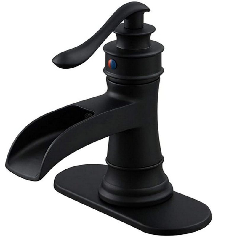 Matte Black Single Hole 1-Handle Watersense Waterfall Commercial/Residential Handle Bathroom Sink Faucet With Drain With Deck Plate