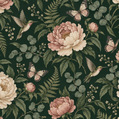 Peel and Stick Wallpaper leaves Floral hummingbirds Roses butterfly Birds Dark Green Foliage Contact Paper Removable Self Adhesive Wall Mural Wall Decor for Bedroom Kitchen Cabinets 24in x 118in