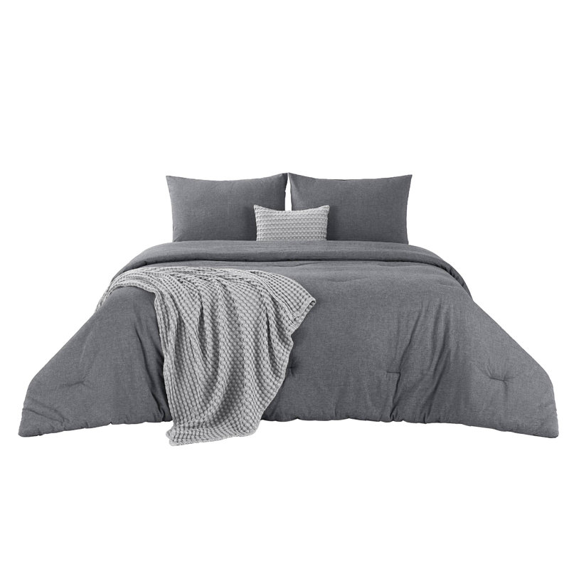 Cozy Winter Collection Bedsure 5 Pieces Cotton Comforter Set with Cotton Waffle Throw Blanket, Dark Grey