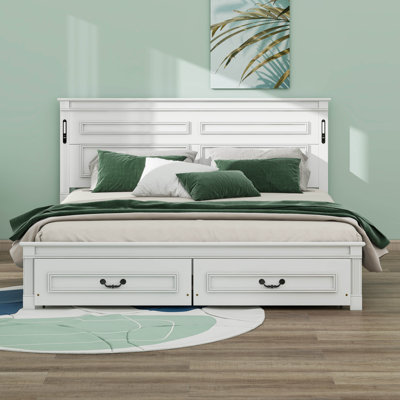 Bed With Tall-Panel Headboard & Footboard, 2 Storage Drawers, Built-In LED Lights, Pinewood Bed With Strengthened Bed Frame