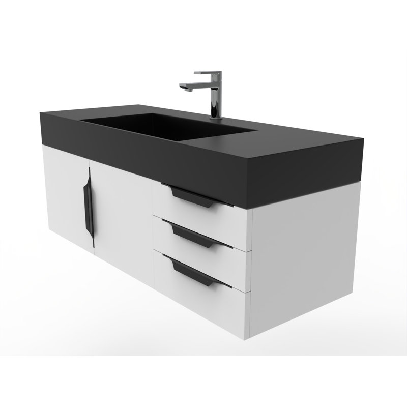 Meuble-lavabo mural simple 48 po avec comptoir à surface solide 48 po, Noir, Blanc, Noir