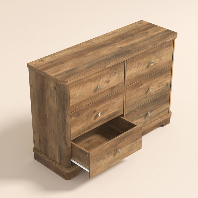 Commode 6 tiroirs avec base sculptée Burkhart, Chêne noueux