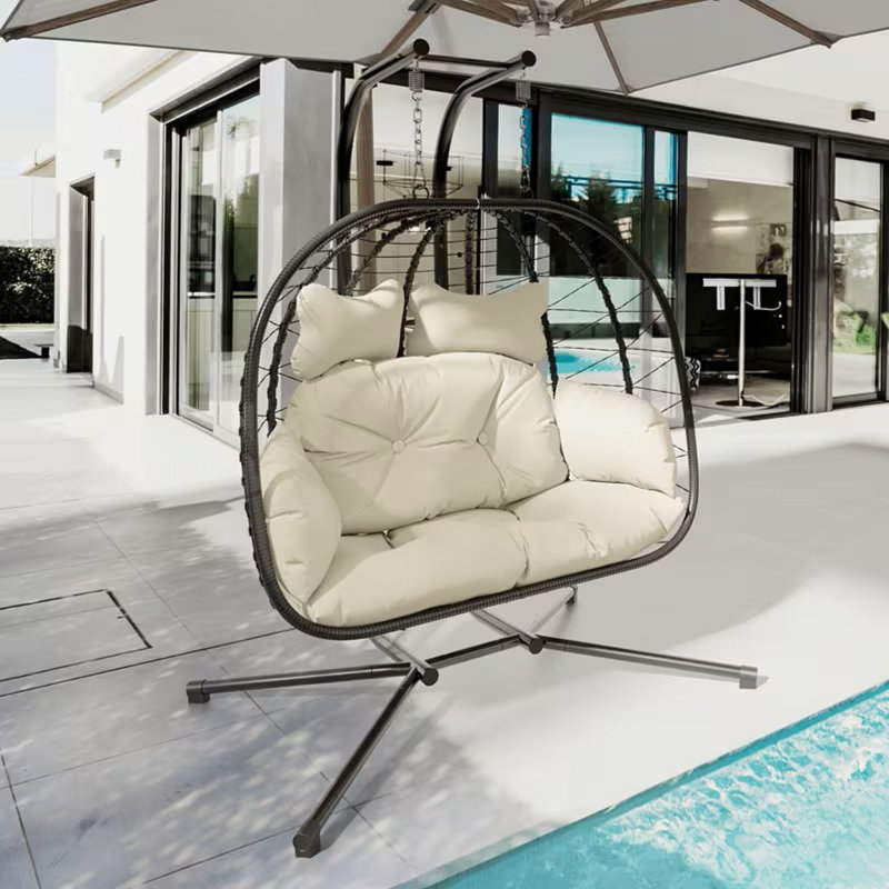 Canapé-hamac double intérieur et extérieur en saule avec support - conception suspendue pliable, coussin résistant aux rayons UV et structure noire