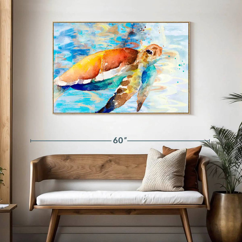Tortue passant à travers, Cadre flottant en bois naturel, 46 po x 31 po