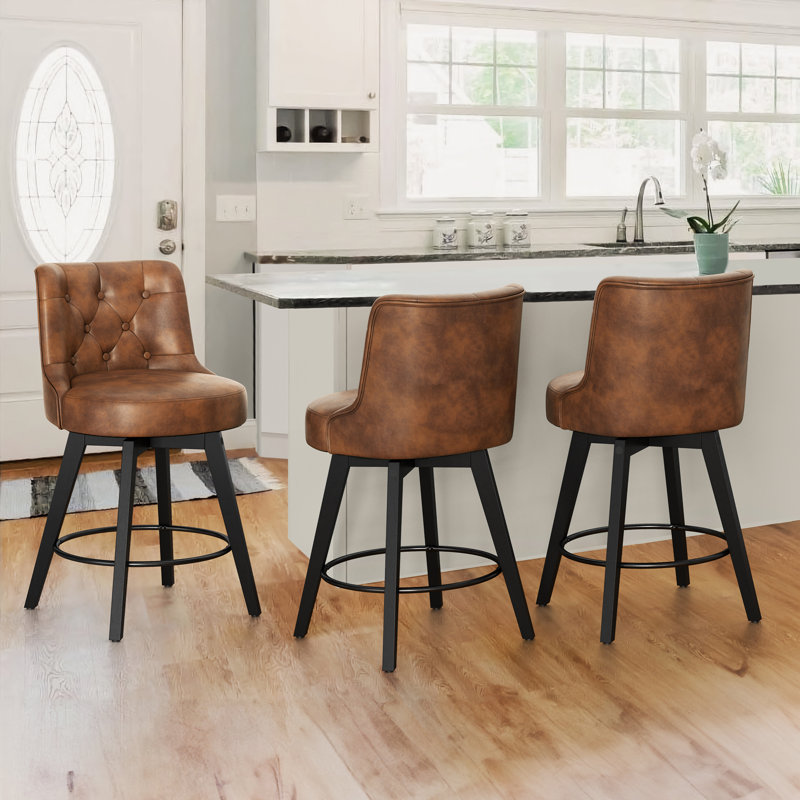 Tabouret de comptoir pivotant rembourré Arleine, 100 % lin bleu marine, 3