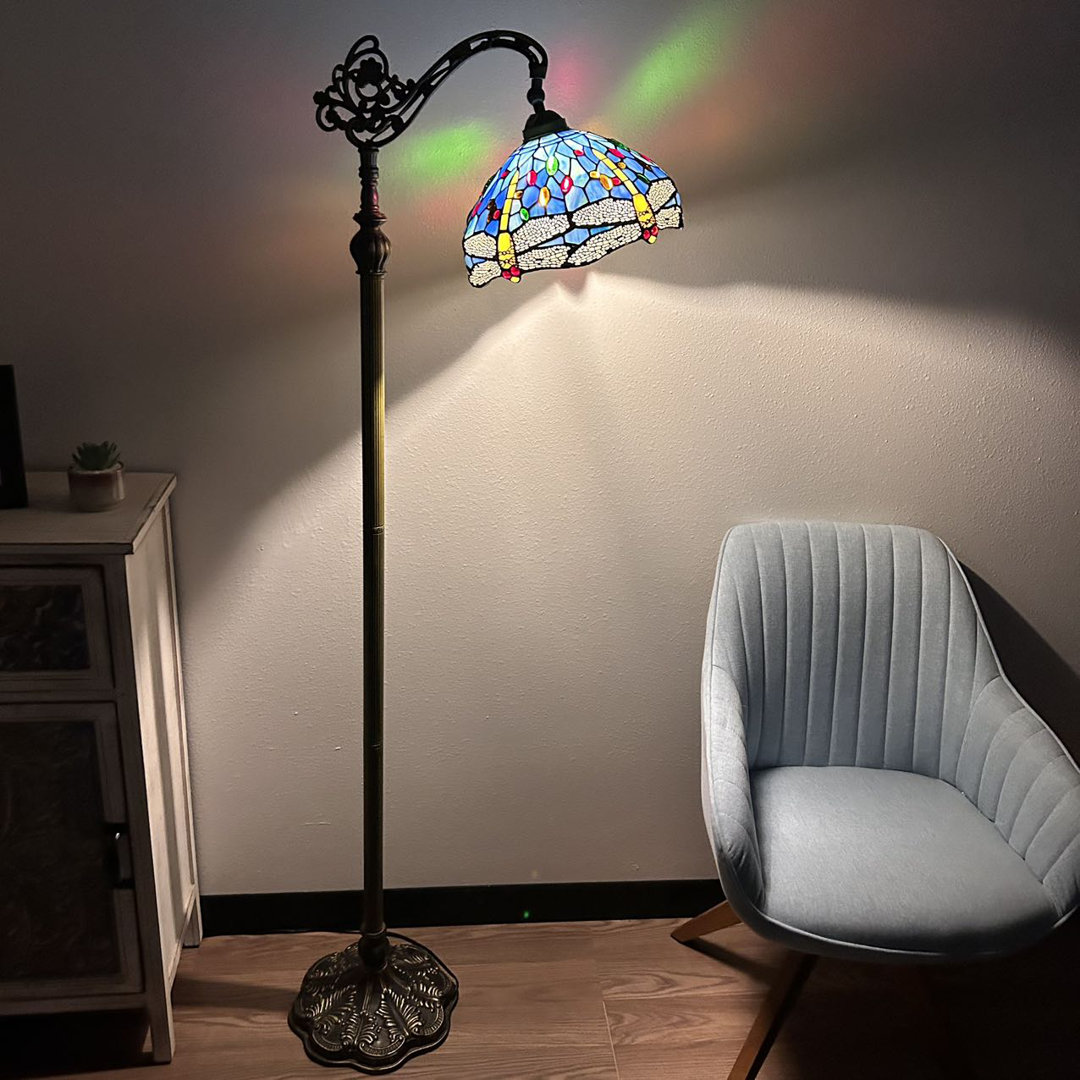 Shenna Tiffany Floor Lamp Dragonfly Blue Stained Glass Vintage Gooseneck LED Bulb 63" H Fleur De Lis Living