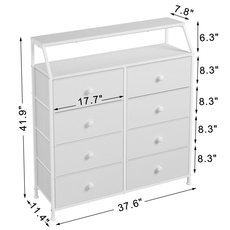 Ojaswi 8 Drawer, Double Dresser with Wooden, Chest of Drawer in 37.6'', White