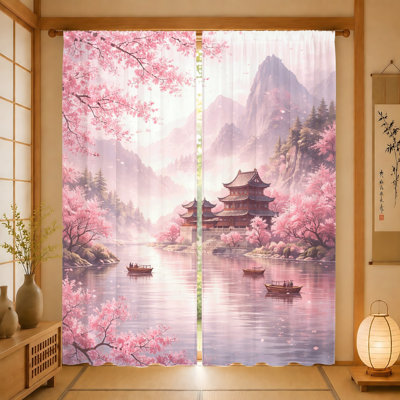 2Pcs Serene Cherry Blossom Scenery Curtains, Light Filtering Fabric, Japanese Temple and River View Print, Rod Pocket Design, Ideal for Living Room, Bedroom, Balcony, Kitchen Home Decor