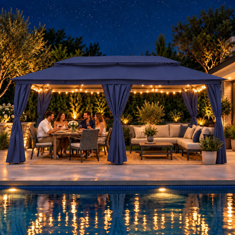 Gazebo de terrasse à double toit, structure en acier, 3 m de large x 6 m de profondeur, Blue