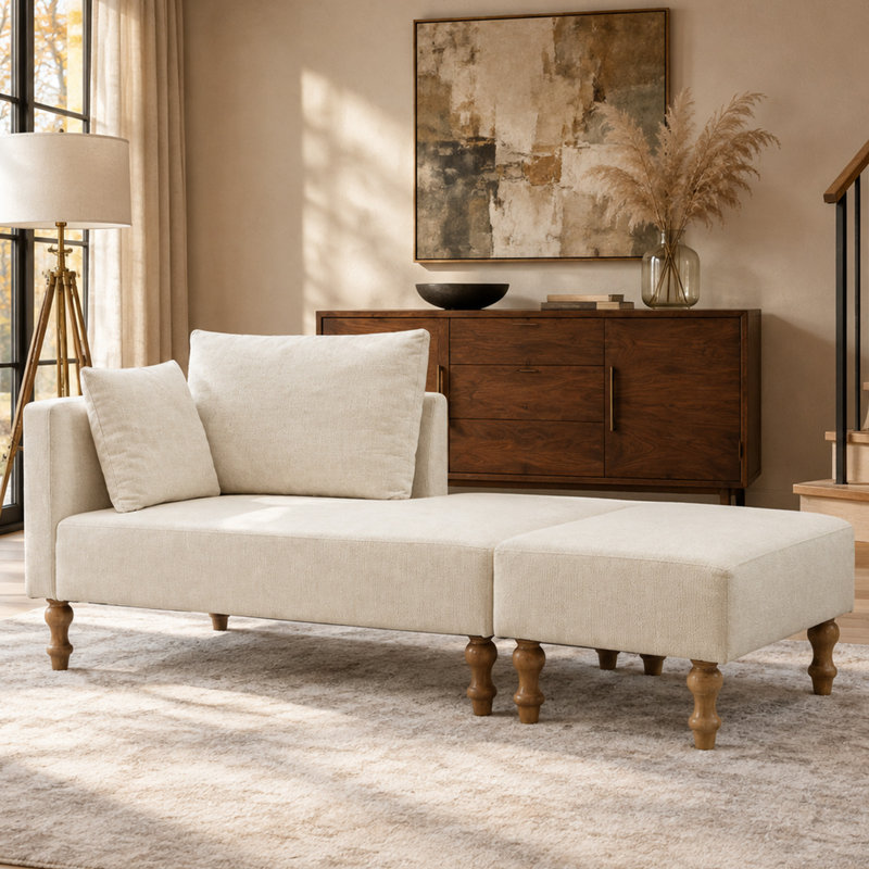 Chaise longue d'intérieur rembourrée en chenille de 181 cm de large avec repose-pieds, Beige