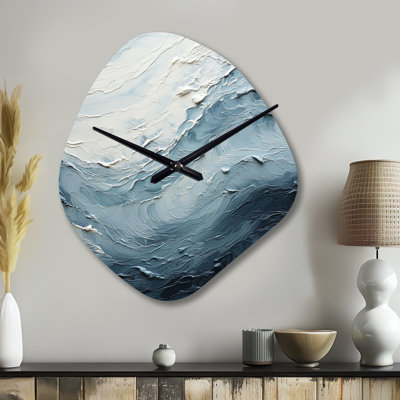 Minimalism Black And Blue Paint Wave II - Coastal Unique Shape Metal Clock, Blue Asymmetrical Wall Clock Print