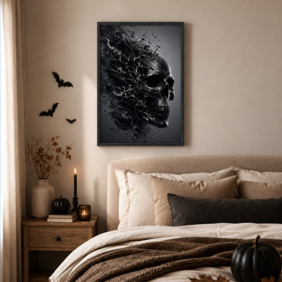 Crâne noir se désintégrant en éclats métalliques - Toile murale d'Halloween
