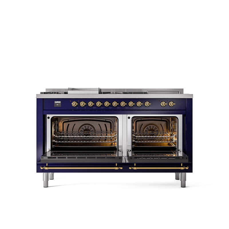 ILVE Nostalgie II 60 in Dual Fuel Range, 7 Burner, Griddle, Frenchtop, Natural Gas, Blue/Brass