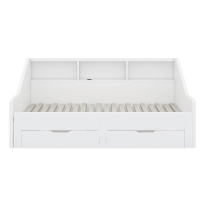 Carrol Twin to King Size Daybed Frame with Storage Bookcases, Two Drawers and Charging Design