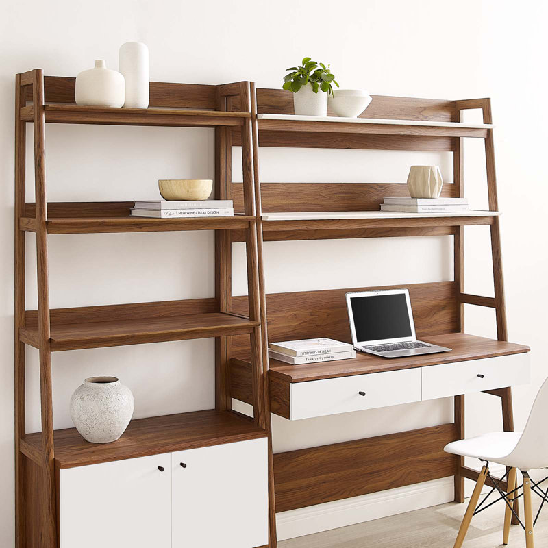 Walnut White 2-Piece Wood Office Desk and Bookshelf