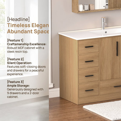 Meuble-lavabo 48 po avec rangement abondant, 2 portes à fermeture douce et 9 tiroirs, armoire en panneau de fibres à densité moyenne durable, élégance transitionnelle, fonctionnement silencieux, comptoir en résine pour salles de bain modernes et classiques