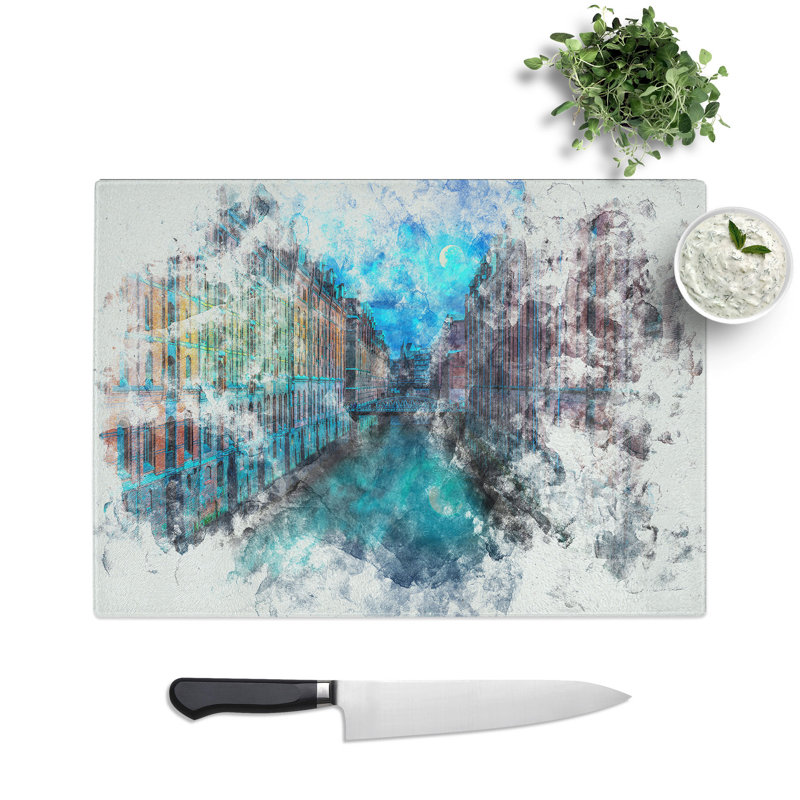 Tempered Glass Canal Through Hamburg Chopping Board, 20 cm x 28.5 cm