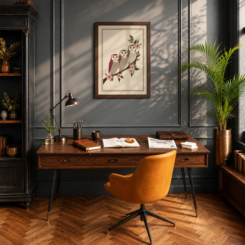 Perched Together Botanical - Framed Print, Walnut, A1 - 84.1 x 59.4 cm