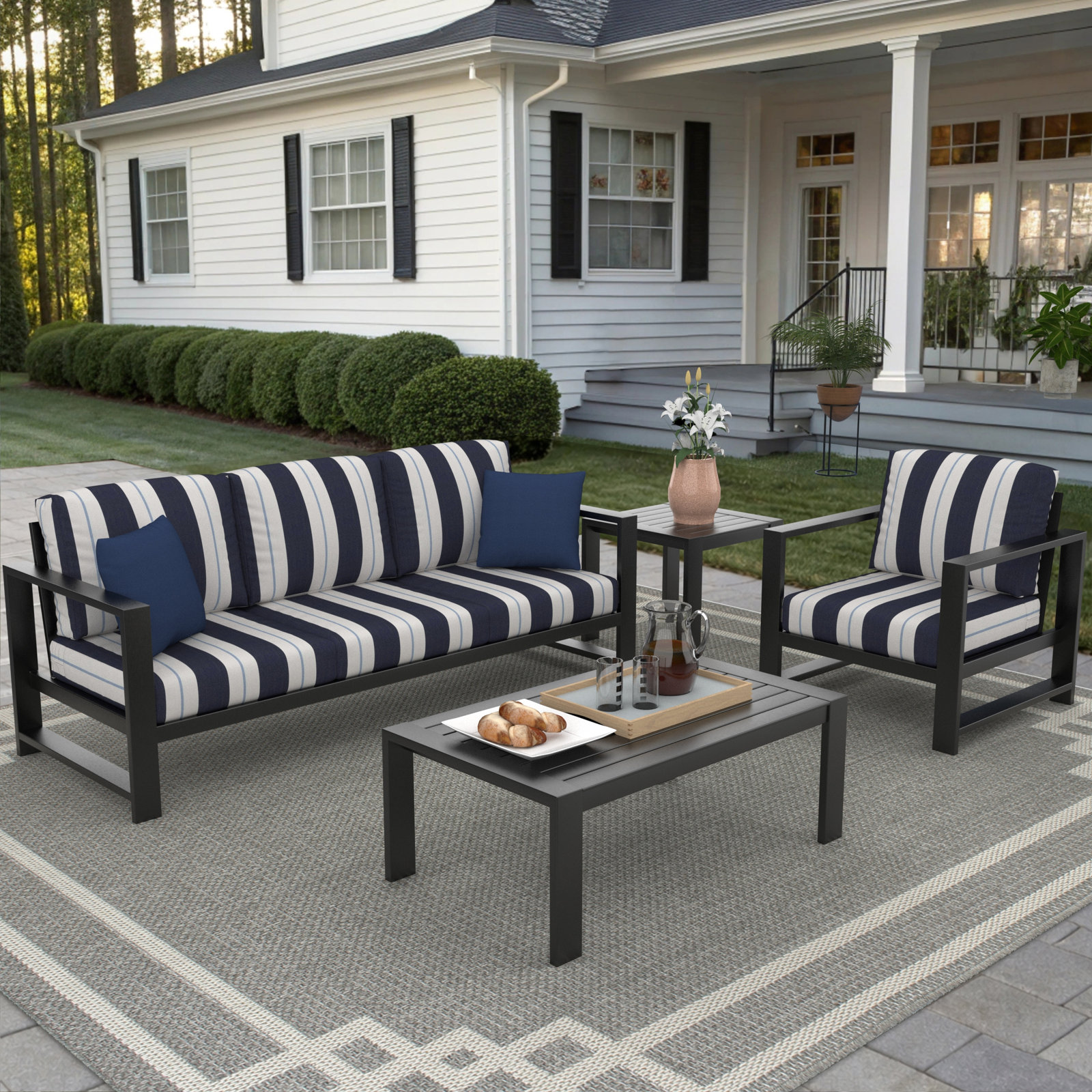 Dulcie 4-Person Sunbrella® Patio Seating Group, Blue/White