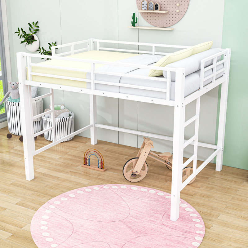 Metal Loft Bed with Ladder and Guardrails, Queen