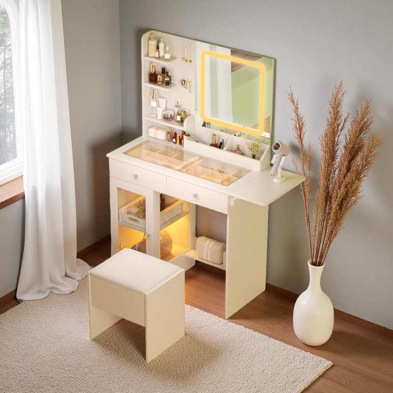 Small Vanity Desk With Mirror And Lights And Chair, Makeup Vanity With Glass Top And 2 USB Power Strip, Vanity With Two Drawers And One Cabinet, Dressing Table Set With 3 Lights Colors Mirror