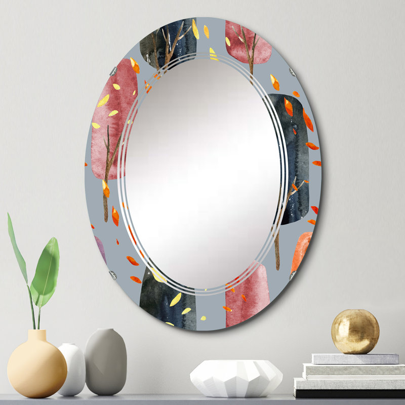 Rétro arbres d'automne avec feuilles tombantes II - Miroir mural à motif ovale, 30 po x 20 po
