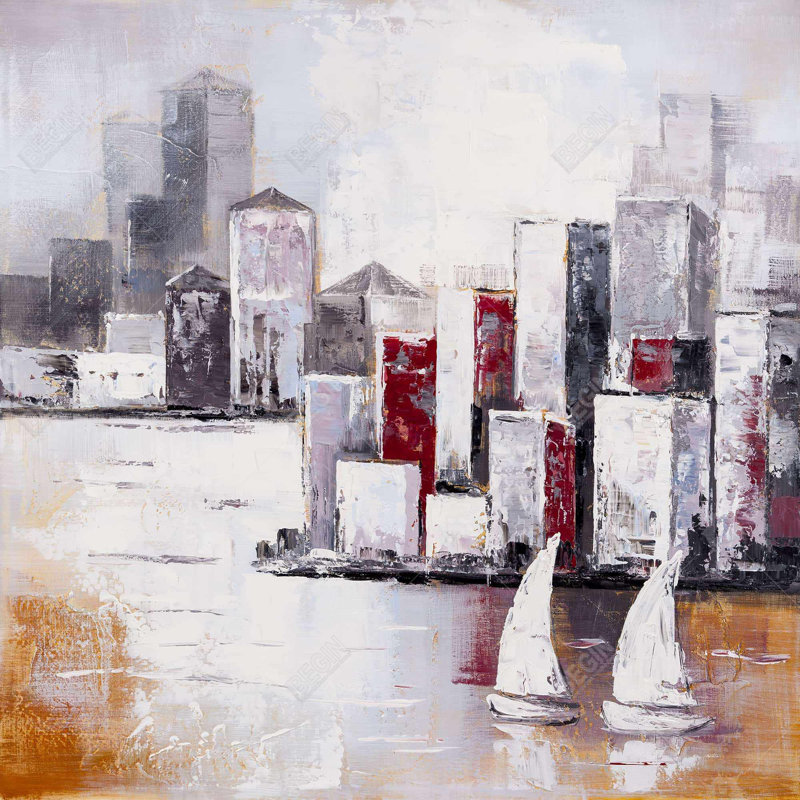 Sailboats and urban city - 24"x24" Framed canvas