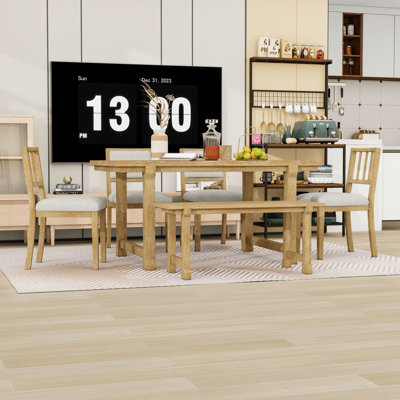 Ensemble de table de salle à manger 6 pièces Farmhouse avec 4 chaises ergonomiques de style mixte et banc compact
