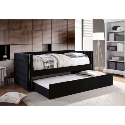 Gray Finish Transitional - Style Daybed With Trundle, Padded Flannelette Upholstery Button Tufting, Nailhead Trim And Inspired Design, Slat Kit Offered Trundle In Style, , Present