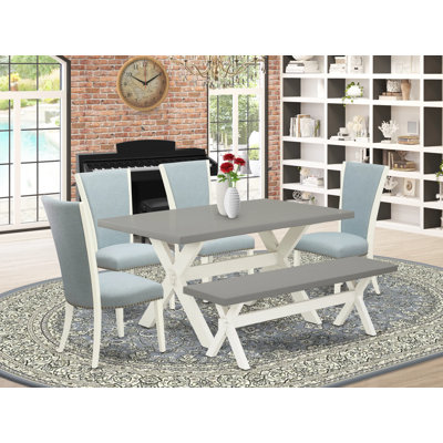 6 Piece Dinette Set Contains a Rectangle Dining Table with X-Legs and 4 Baby Blue Linen Fabric Parson Chairs with a Bench, linen white Finish