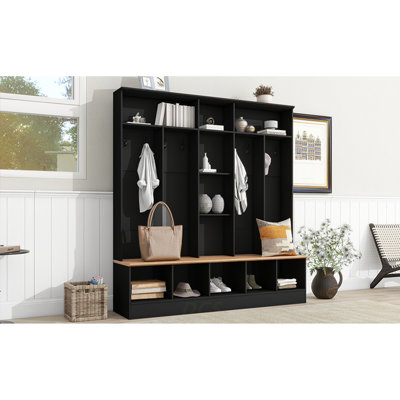 Arbre d'entrée large avec banc de rangement, armoire à chaussures minimaliste avec rangement cubique et tablettes, portemanteau multifonctionnel avec 8 crochets pour les entrées, vestibule, noir (ANCIEN SKU: N721S000021B), rangement pour chaussures