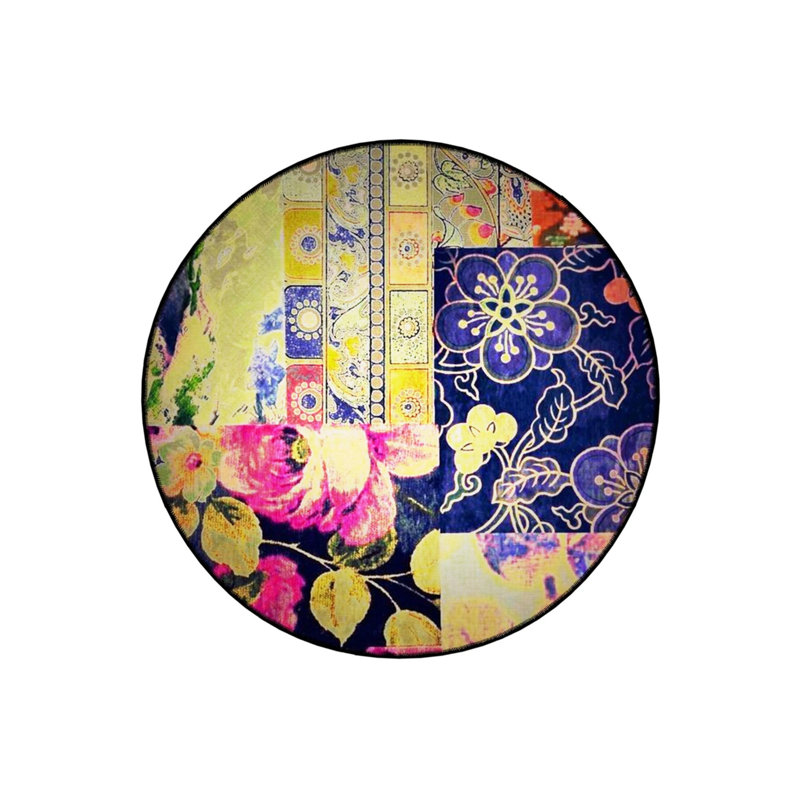Woven Base Modern Decorative Carpet With Multicolored Shapes And Flower Details, Round 2'8"