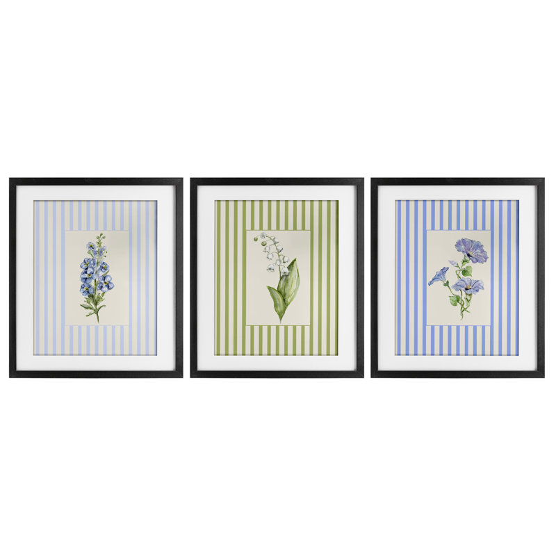 Ensemble de 3 impressions encadrées sous verre Soft Stripe Cottage Blooms, design par Lisa Wehmeyer, H 16 po x l 13 po