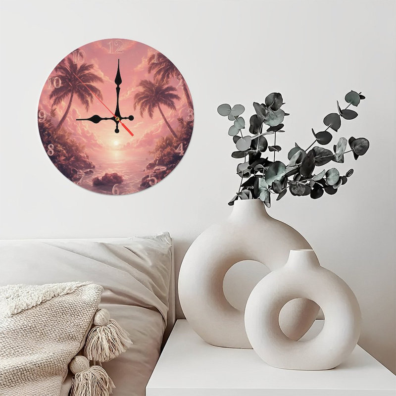 Clock Face With Tropical Sunset Palm Trees