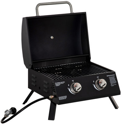 Barbecue à gaz portatif au propane, 2 brûleurs. Pieds pliables pour le transport. Couvercle et thermomètre inclus. Noir. Parfait pour le camping, les pique-niques et les barbecues au gaz dans le jardin. Pieds inclus. Fonction de fumage.