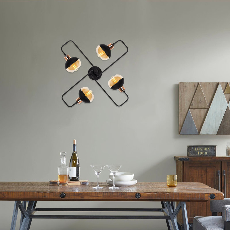 Modern Industrial Chandelier, Black & Copper, 28.3 in Diameter x 8.7 in Height | Durable Iron Body, 4 x E27 Max 40W Sockets | Elegant Glass Cap Design, Perfect for Dining Room & Living Spaces, IP20 Rated