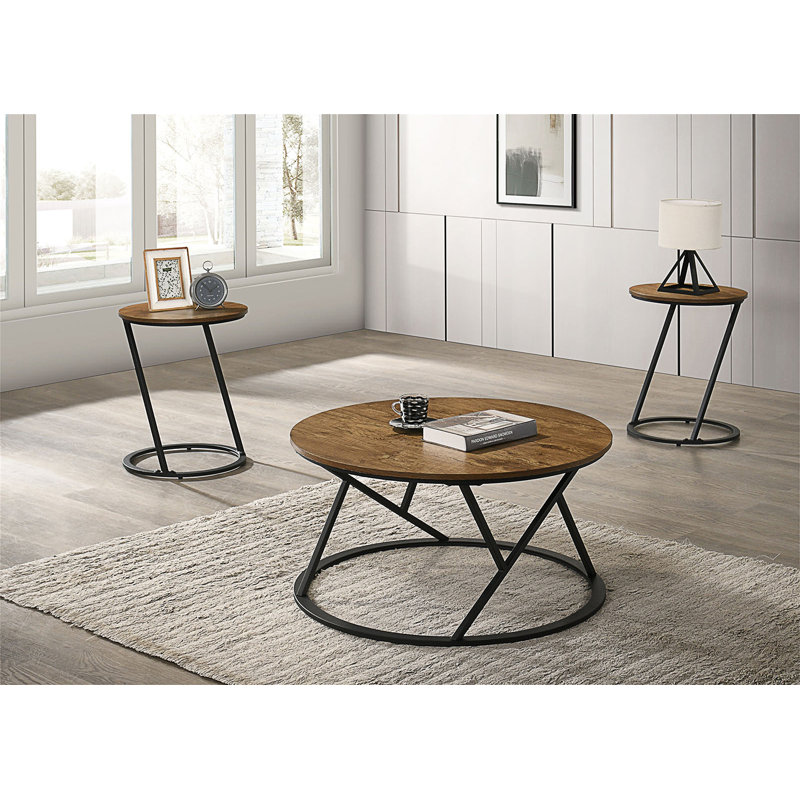 Natural Finish Contemporary 3Pc Table Set 1X Coffee Table 2X End Table Decorative Abstract Metal Base Primary Living Room (Only Including Table)